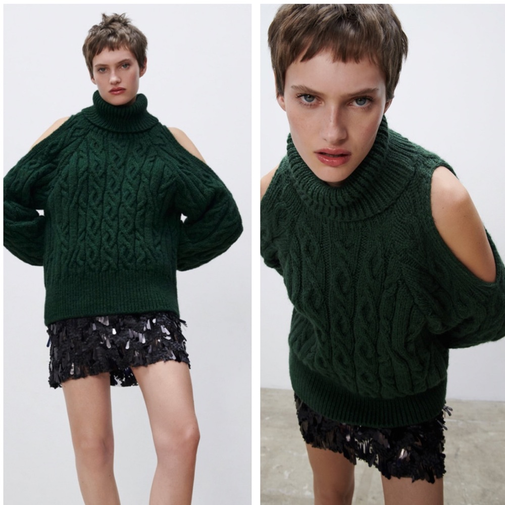 ZARA NWT CUT OUT CABLE KNIT SWEATER GREEN MEDIUM
